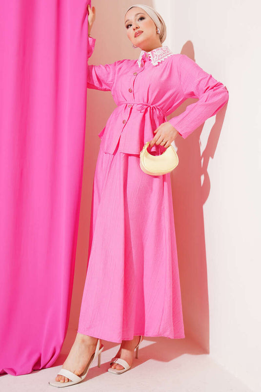 Dantel Yaka Etekli İkili Takım Pembe