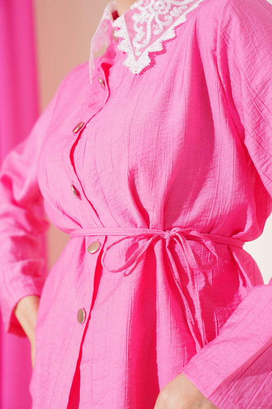 Dantel Yaka Etekli İkili Takım Pembe