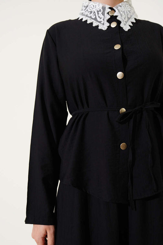 Dantel Yaka Etekli İkili Takım Siyah