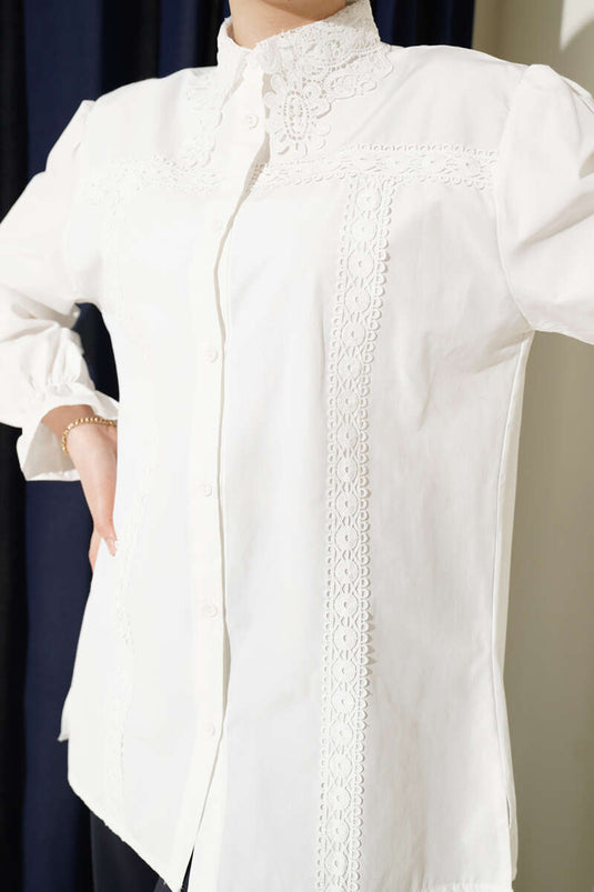 White Shirt with Lace Collar and Elastic Cuffs