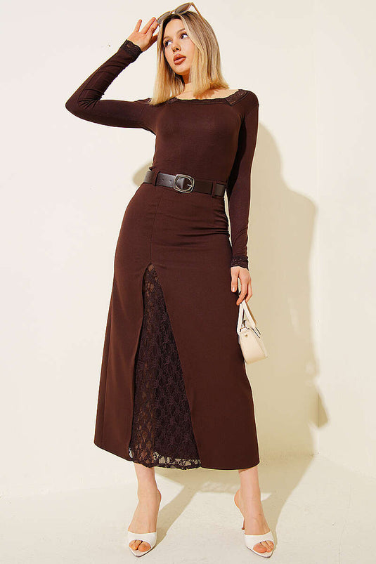 Lace Slit Belted Midi Skirt Brown