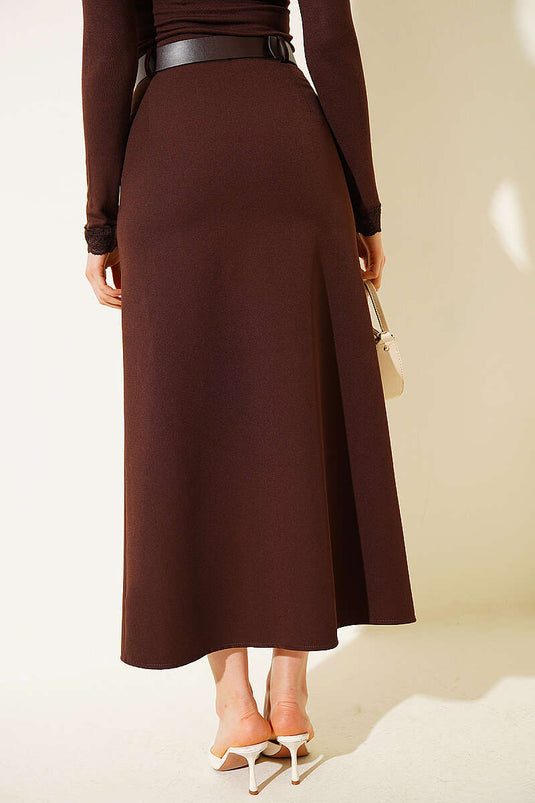 Lace Slit Belted Midi Skirt Brown