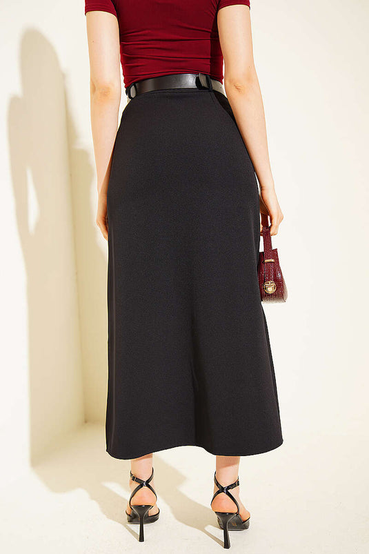 Black Lace Slit Belted Midi Skirt
