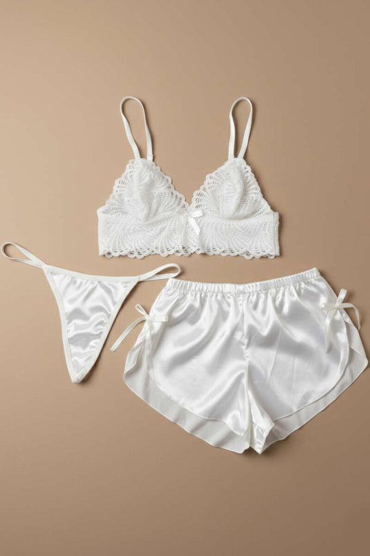 طقم صدرية ثلاثية دانتيل بلون عاجي