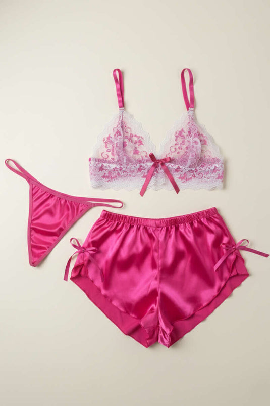 Dantelli 3'lü Büstiyer Takım Fusya