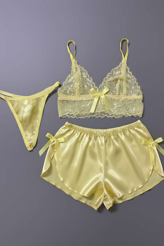 Dantelli 3'lü Büstiyer Takım Sarı