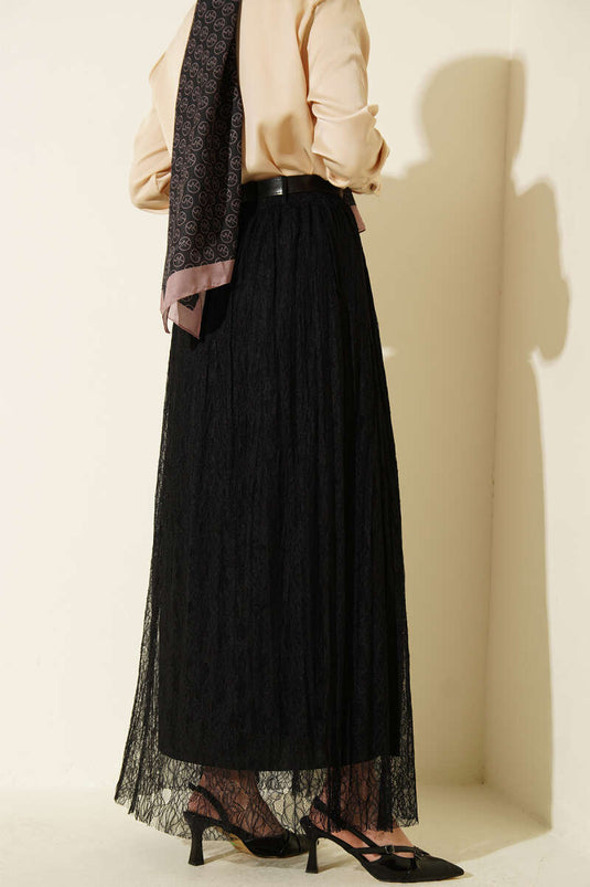 Black Flared Skirt with Lace and Elastic Waistband