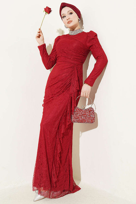 Burgundy Evening Dress with Lace, Ruching, and Stones
