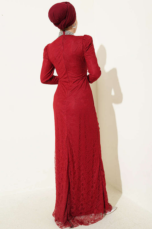 Burgundy Evening Dress with Lace, Ruching, and Stones