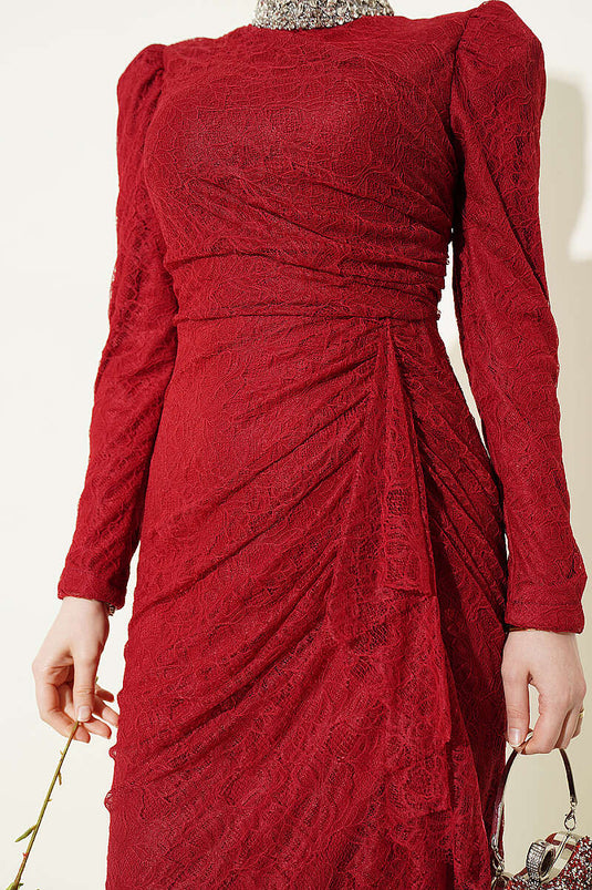 Burgundy Evening Dress with Lace, Ruching, and Stones