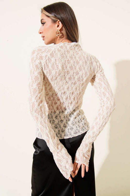Beige Transparent Blouse with Lace and Gathered Details