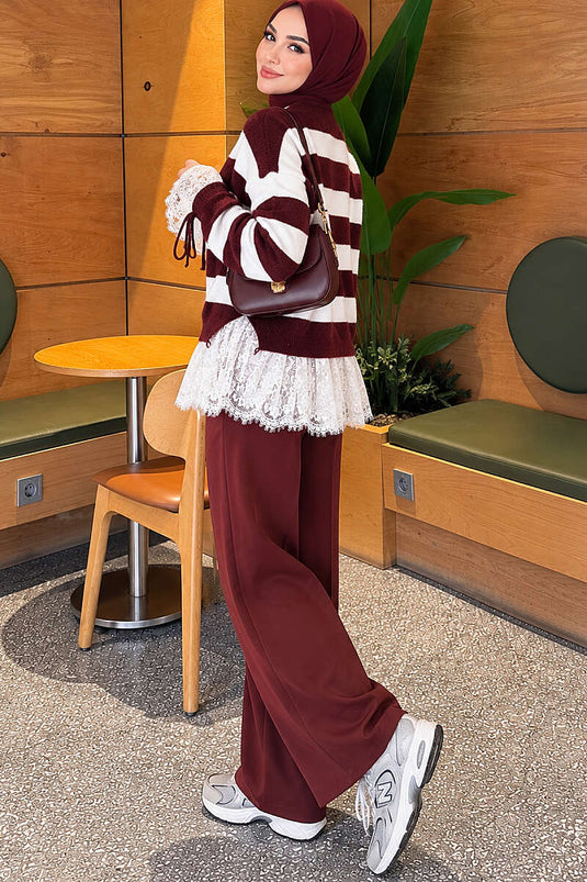 Burgundy Lace Striped Knit Cardigan With Gathered Sleeves