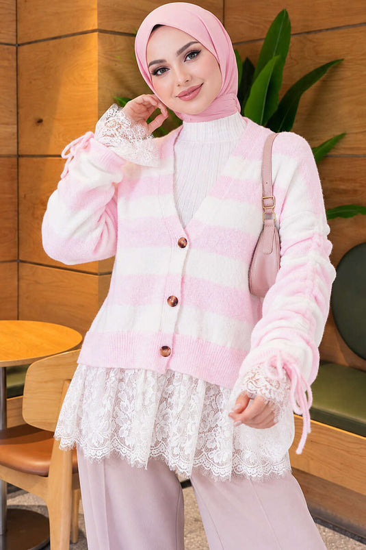 Roze Gebreide Gestreepte Cardigan Met Kant En Geplooide Mouwen