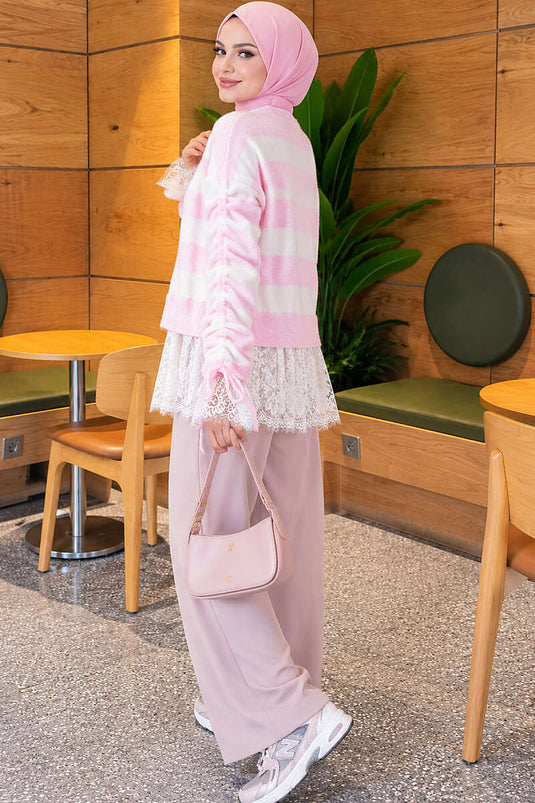 Roze Gebreide Gestreepte Cardigan Met Kant En Geplooide Mouwen