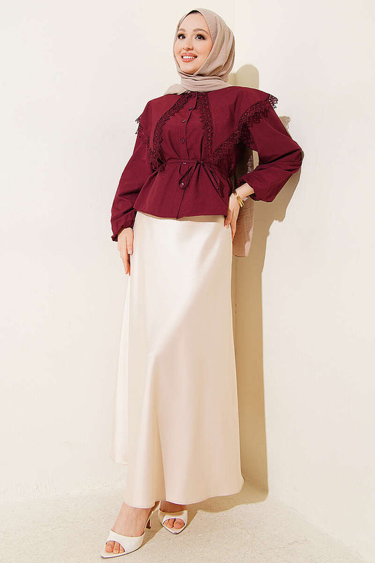 Lace Sailor Collar Short Shirt with Rope Belt Burgundy