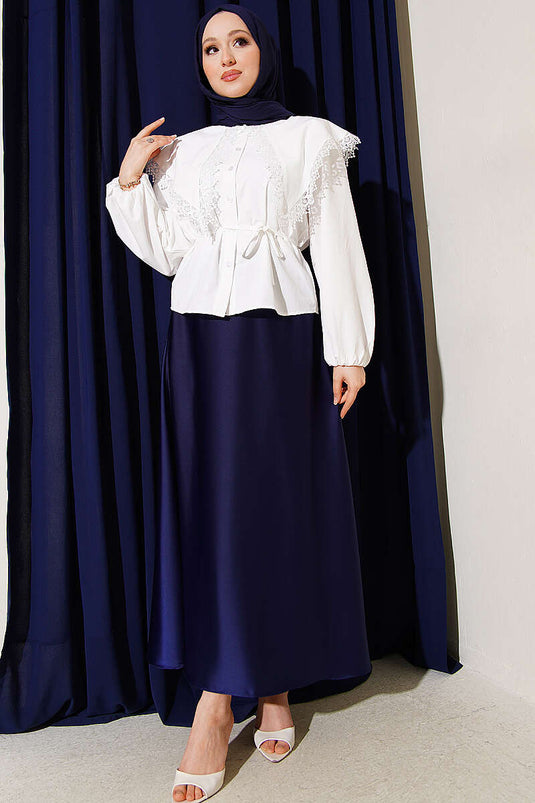 Lace Nautical Collar Short Shirt with Rope Belt Ecru