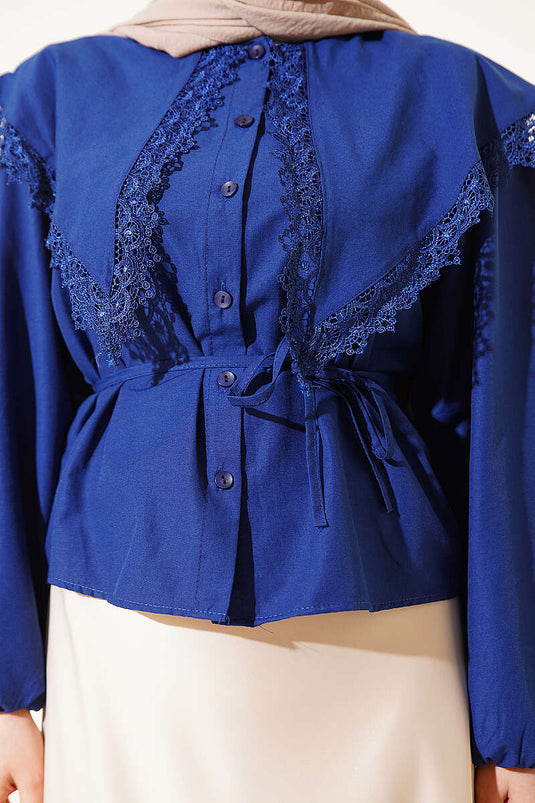 Lace-Trimmed Sailor Collar Short Shirt with Rope Belt Navy Blue