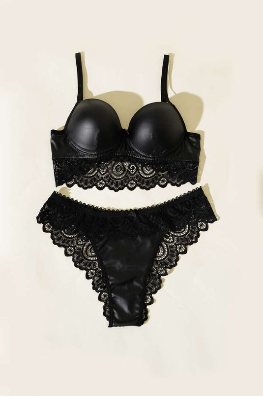 Lace Leather Bra Set Black