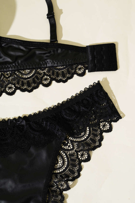 Lace Leather Bra Set Black