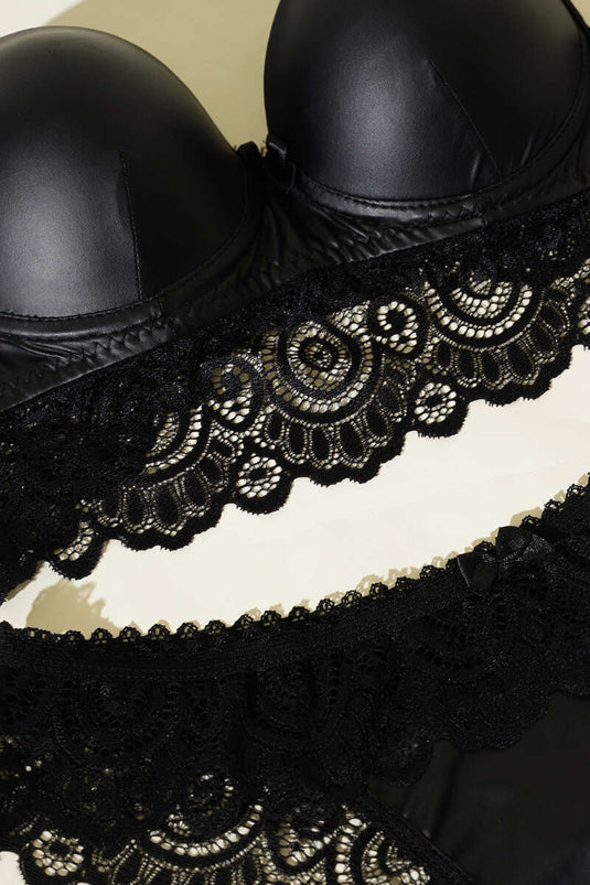 Lace Leather Bra Set Black