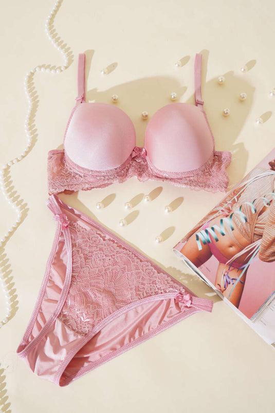 طقم حمالة صدر مبطنة لامعة من الدانتيل - لون وردي مغبر