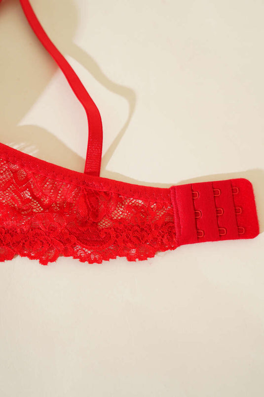 Lace Padded Shiny Bra Set Red