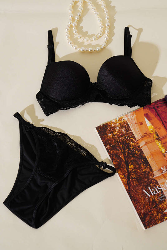 Dantelli Destekli Parlak Sütyen Takım Siyah