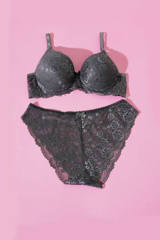 Lace Padded Bra Set Anthracite