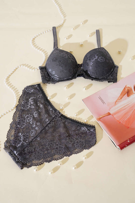 Lace Padded Bra Set Anthracite