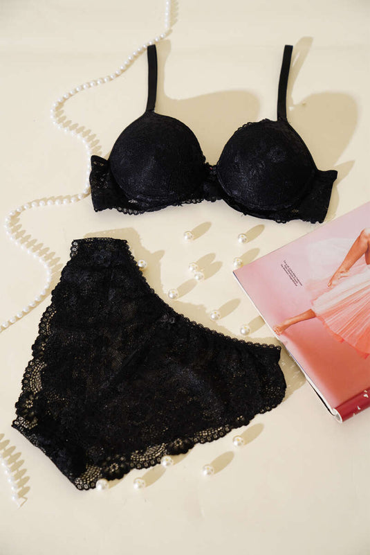 Lace Padded Bra Set Black
