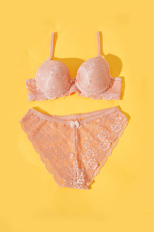 Ensemble soutien-gorge en dentelle sans rembourrage, couleur poudre