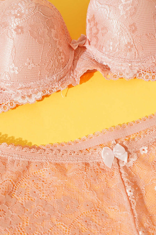 Ensemble soutien-gorge en dentelle sans rembourrage, couleur poudre