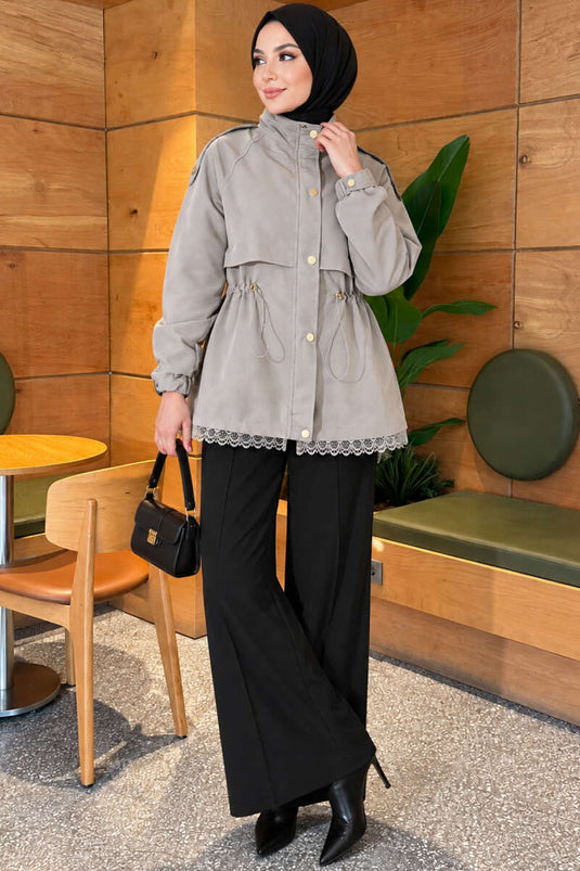 Grau Lederjacke Mit Spitze Und Reißverschluss
