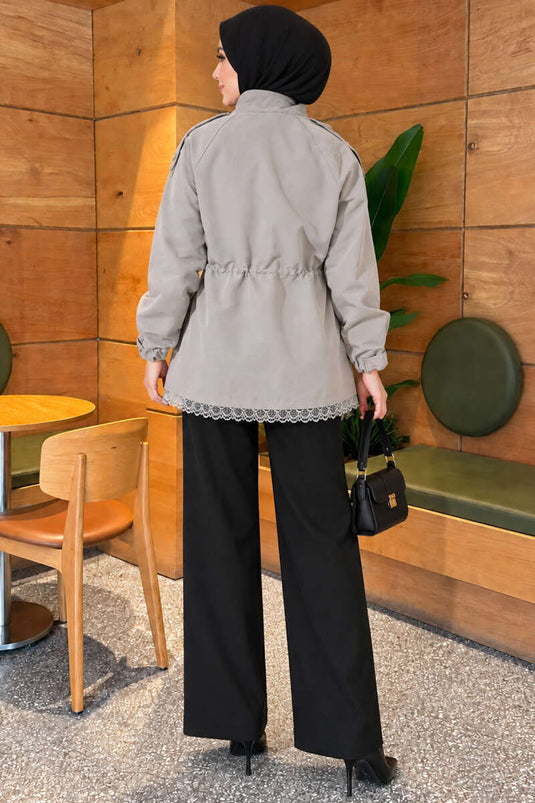 Grau Lederjacke Mit Spitze Und Reißverschluss