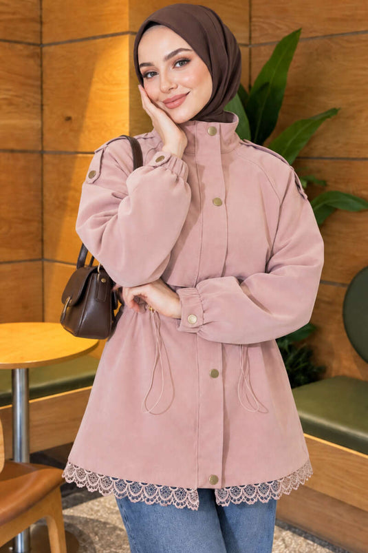Trench-Coat À Fermeture Éclair Et Détails En Dentelle Poudré
