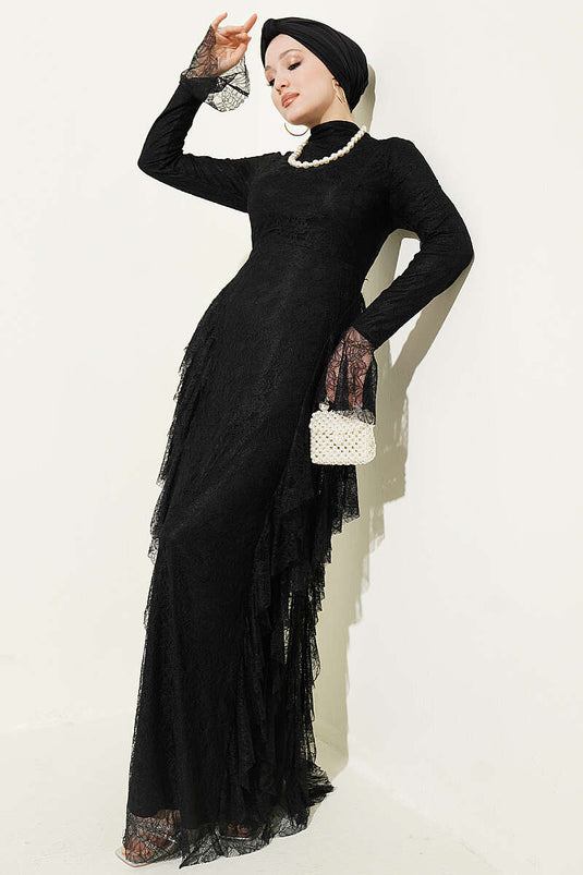 Robe de soirée noire avec jupe à volants et dentelle
