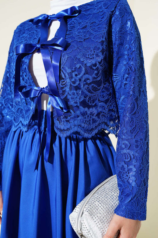 Lace Bow Tie Skirted Two Piece Suit Saxe