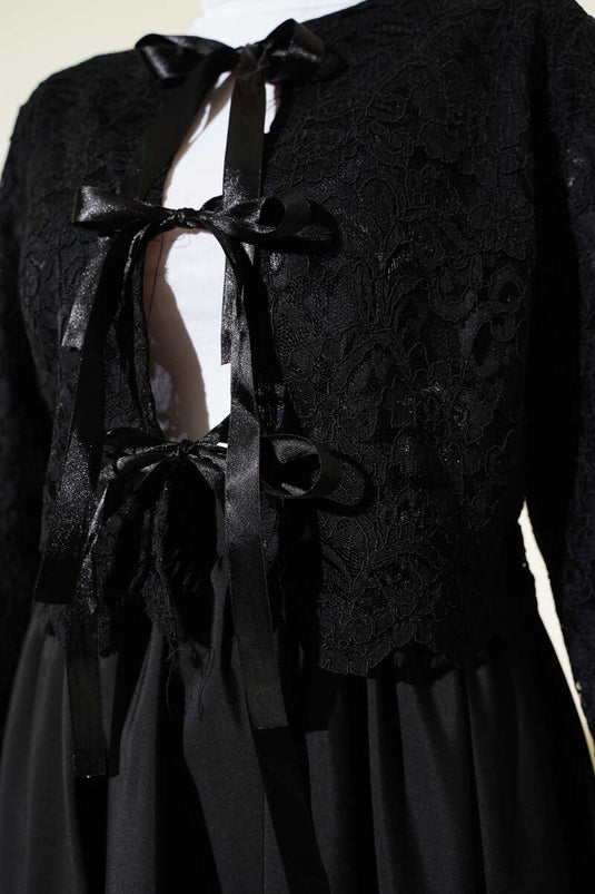 Lace Bow Tie Skirted Two Piece Set Black