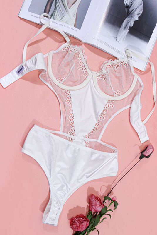 Lace Strappy Bodysuit White Powder Pink