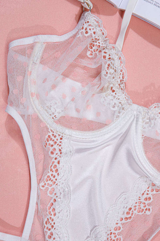 Lace Strappy Bodysuit White Powder Pink
