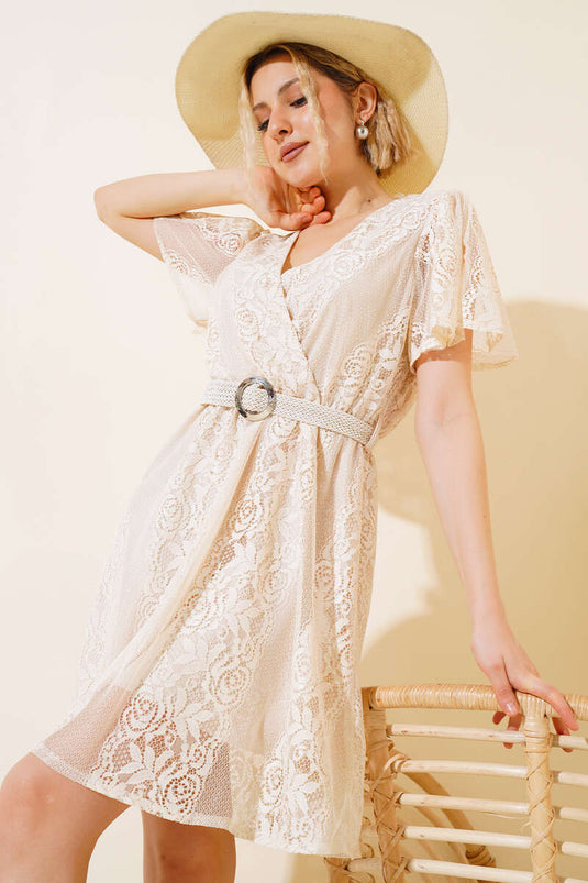 Dantelli Kısa Kol Elbise Bej