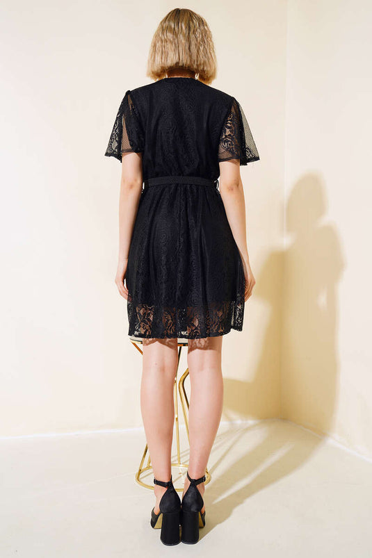 Dantelli Kısa Kol Elbise Siyah