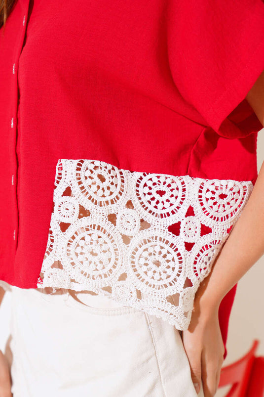 Lace Short Sleeve Linen Shirt Red
