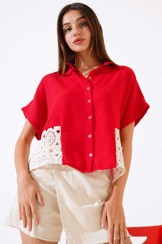 Chemise en lin rouge à manches courtes et dentelle