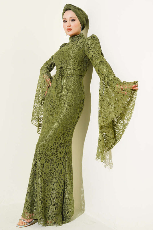 Lace Sleeve Ruffled Fishcut Evening Dress Khaki
