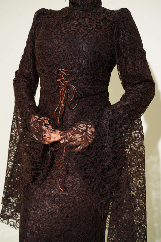 Lace Sleeve Ruffled Mermaid Style Evening Dress Brown