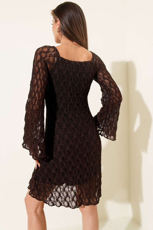 Lace-Trimmed Madonna Collar Midi Dress Brown