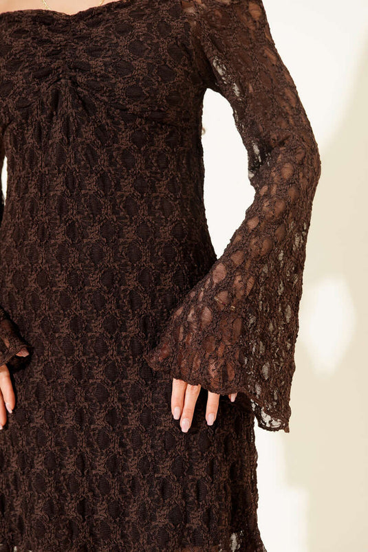 Lace-Trimmed Madonna Collar Midi Dress Brown