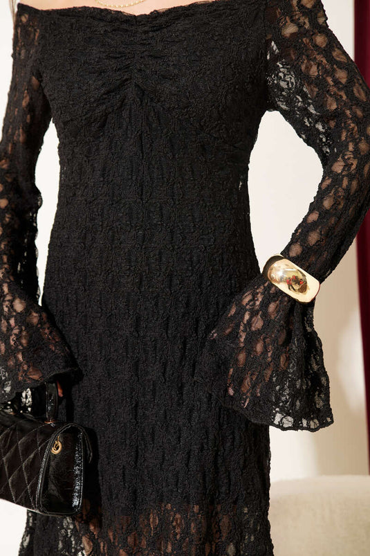 Lace-Trimmed Madonna Collar Midi Dress Black