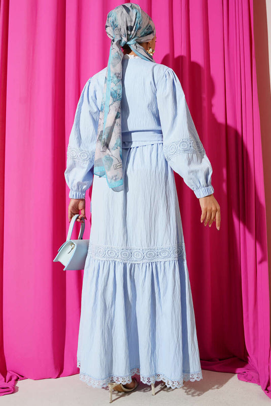 Dantelli Önden İp Bağlamalı İkili Takım Bebe Mavi